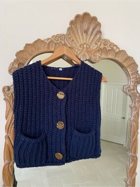Chunky Knit Navy Button-Front Vest